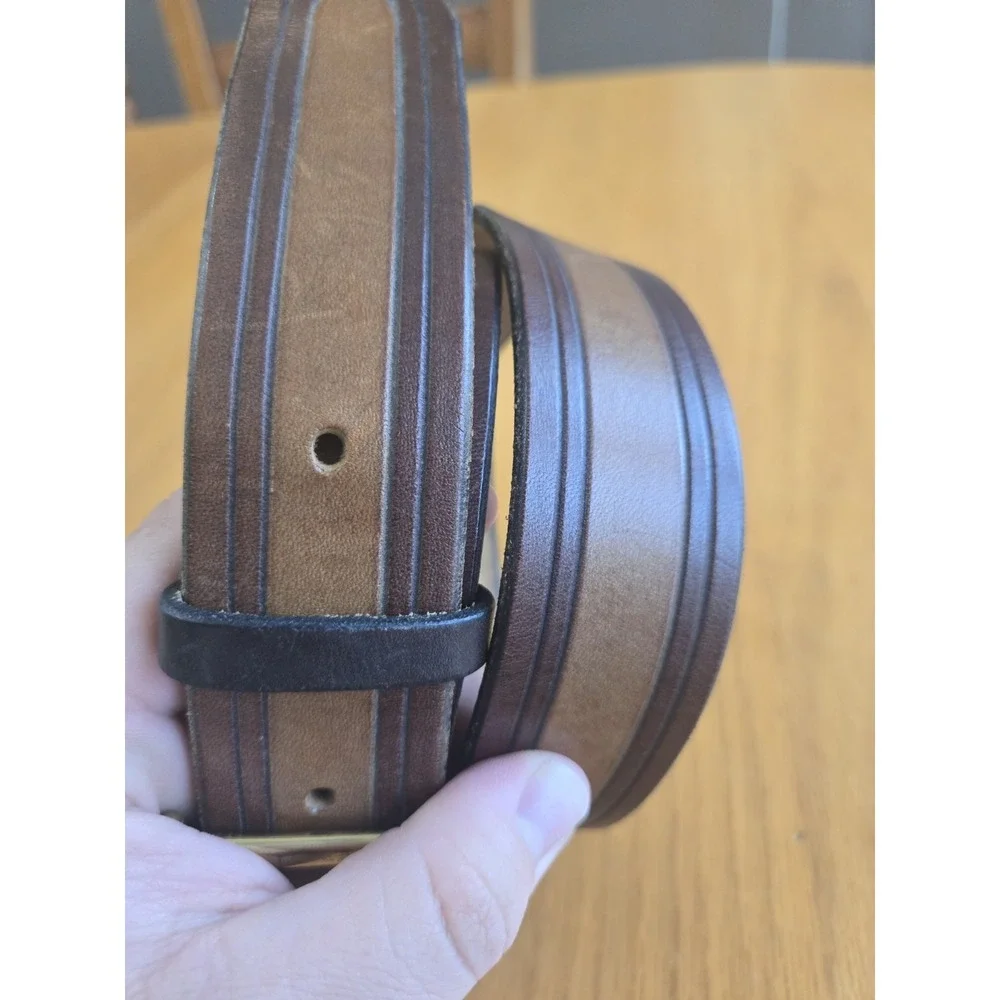 VTG Scovill Belt Mens 36 2 Tone Brown Leather EUC Gorgeous Brass Buckle